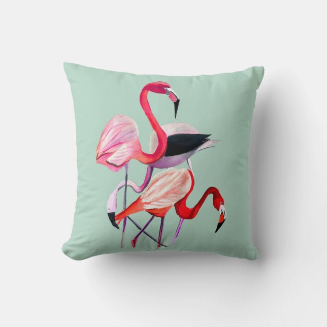  roze flamingo op blauw kussen (Voorkant)