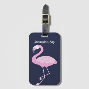Roze Flamingo op Donkerblauw met naam Bagagelabel