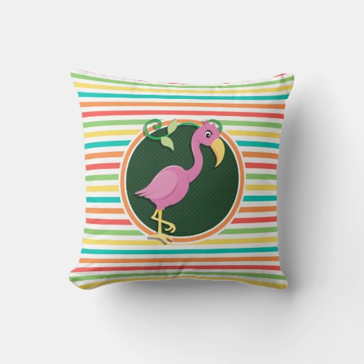 Roze Flamingo op heldere regenboogstrepen Kussen (Voorkant)