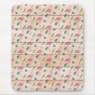 Roze Flamingo op houten patroon Muismat