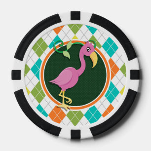 Roze Flamingo op Kleurrijk Argyle Patroon Poker Chips