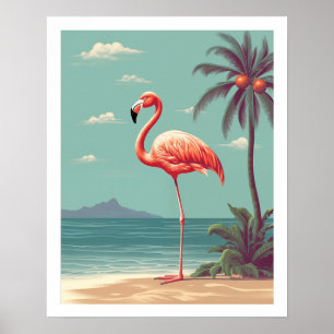  roze flamingo op strand Poster