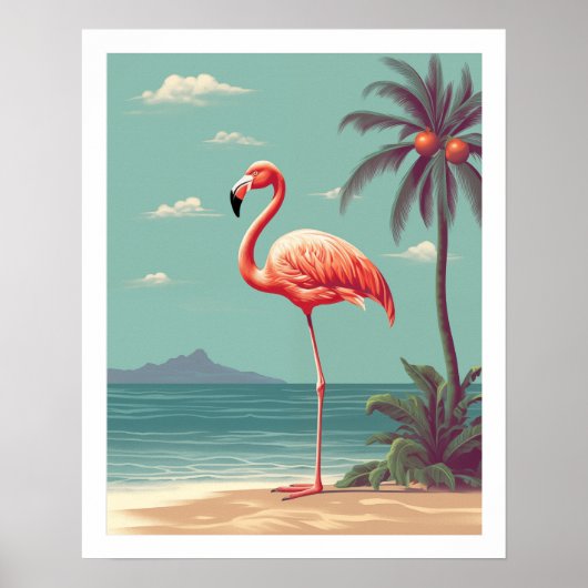 roze flamingo op strand Poster (Voorkant)