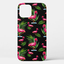 Roze Flamingo op zwart iPhone 12 Hoesje