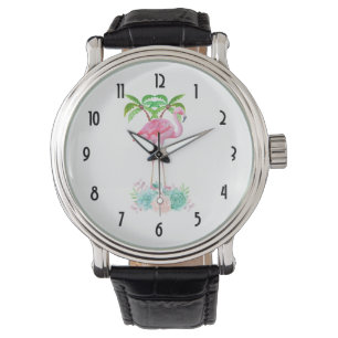 Roze flamingo Palm-bomen en Succulenten Horloge