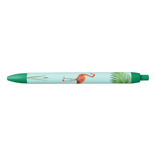 Roze Flamingo & Palm Leaf on Light Blue Zwarte Inkt Pen (Voorkant)