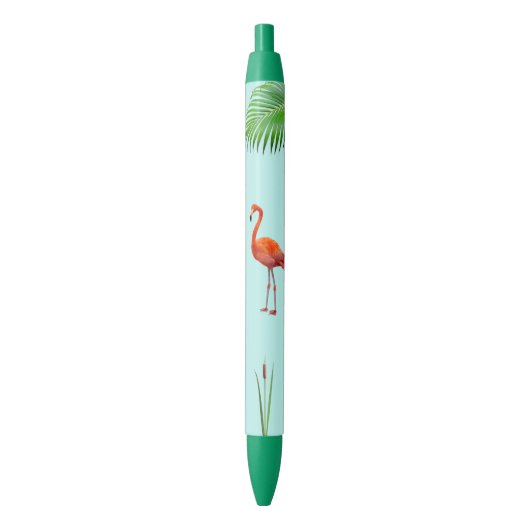 Roze Flamingo & Palm Leaf on Light Blue Zwarte Inkt Pen (Voorkant Verticaal)