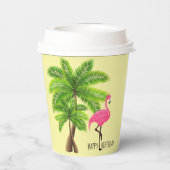 Roze Flamingo & Palm Trees 8oz Papier, deksel Papieren Bekers (Achterkant)