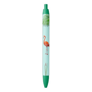 Roze Flamingo & Palmblad op Lichtblauw Zwarte Inkt Pen