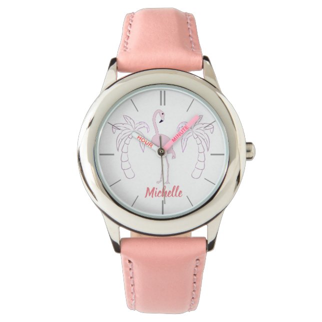 Roze Flamingo Palmbomen Gepersonaliseerd Meisjesho Horloge (Voorkant)