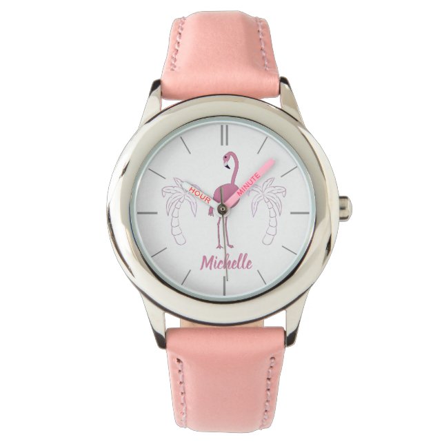 Roze Flamingo Palmbomen Gepersonaliseerd Meisjesho Horloge (Voorkant)