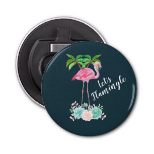 Roze Flamingo & Palmbomen Let's Flamingle Button Flesopener
