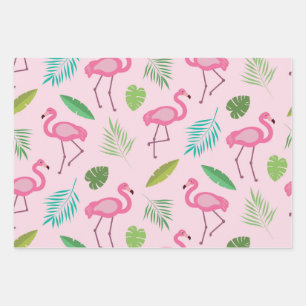 Roze flamingo patroon met tropische bladeren inpakpapier vel