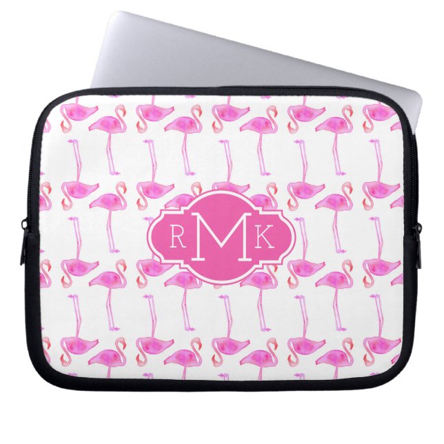 Roze Flamingo patroon | Monogram Laptop Sleeve (Voorkant)