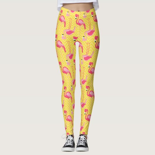 Roze Flamingo patroon op de Leggings van Gele Meis (Voorkant)