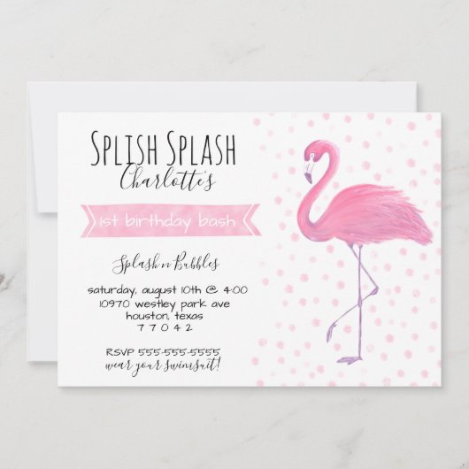 Roze flamingo polk-a-punt 1st verjaardagsuitnodigi kaart (Voorkant)