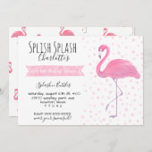 Roze flamingo polk-a-punt 1st verjaardagsuitnodigi kaart (Voorkant / Achterkant)