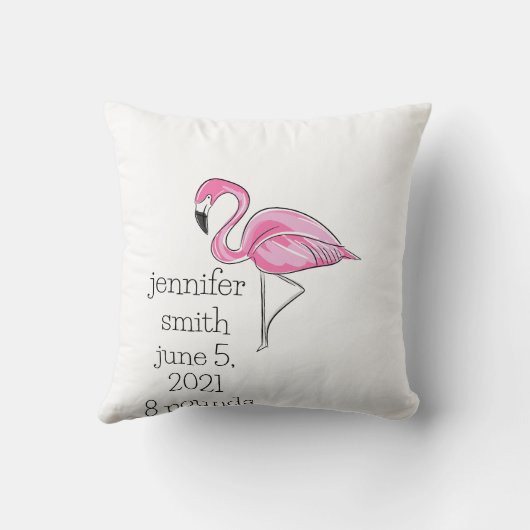 Roze Flamingo Preppy Personalized Birth Stats Kussen (Achterkant)