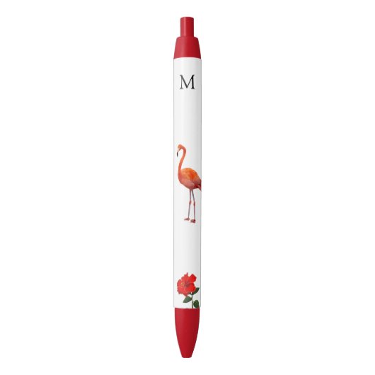 Roze flamingo, Red Hibiscus Flower & Monogram Zwarte Inkt Pen (Voorkant Verticaal)