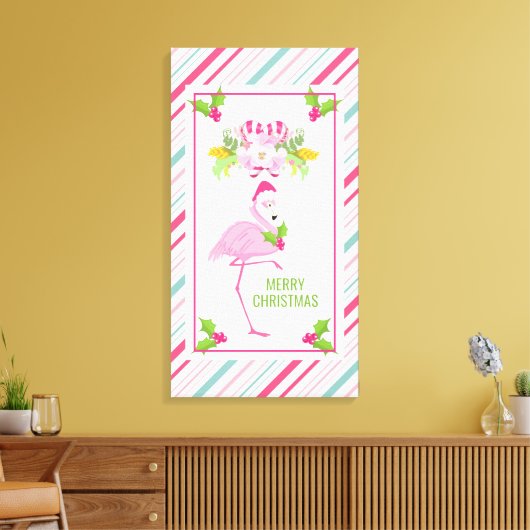 Roze Flamingo Santa Hat Candy Canes and Holly Canvas Afdruk (Insitu (Woonkamer))