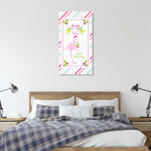 Roze Flamingo Santa Hat Candy Canes and Holly Canvas Afdruk (Insitu (Slaapkamer))
