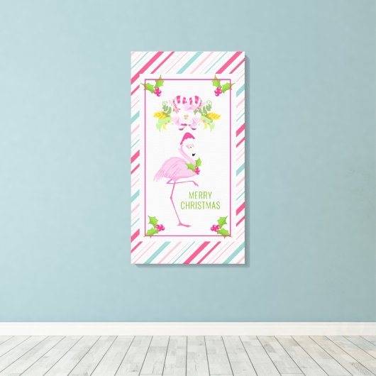 Roze Flamingo Santa Hat Candy Canes and Holly Canvas Afdruk (Insitu (Houten vloer))