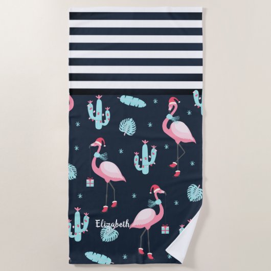 Roze Flamingo Santa Hat Navy Blue Striped Strandlaken (Voorkant)