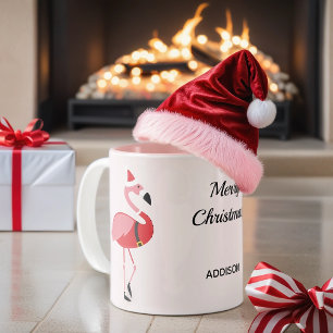 Roze Flamingo Santa Naam Dier Kerstmis Tweekleurige Koffiemok