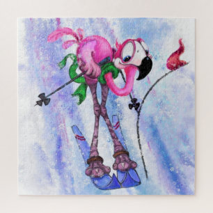 Roze Flamingo Skier Jigzaag Puzzle Cartoon Legpuzzel