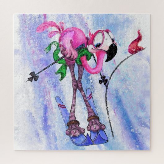Roze Flamingo Skier Jigzaag Puzzle Cartoon Legpuzzel (Verticaal)