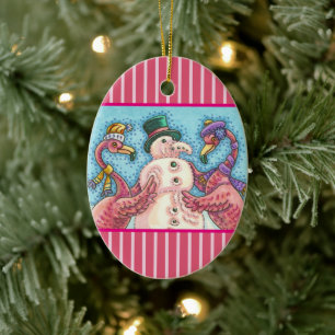 ROZE FLAMINGO SNEEUWMAN, GRAPPIGE KERSTVOGELS KERAMISCH ORNAMENT