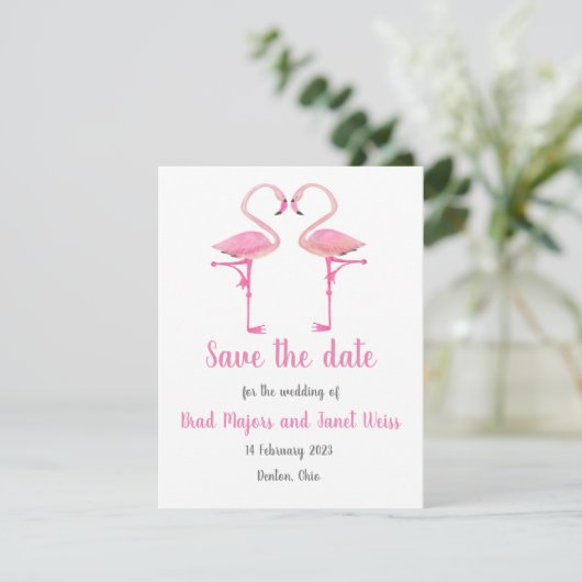Roze flamingo sparen de datumkaart save the date (Staand voorkant)