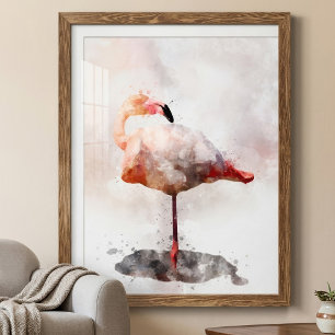 Roze Flamingo Staand in Aquarel Kunstprint Foto Afdruk