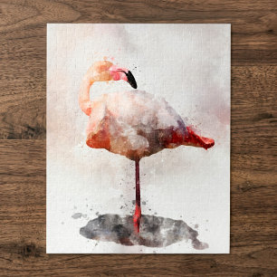 Roze Flamingo Staand in Aquarel Kunstprint Legpuzzel