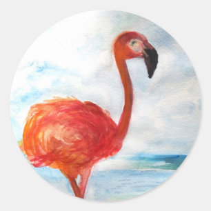 Roze Flamingo Sticker, Flamingo Waterverf Kunst Ronde Sticker