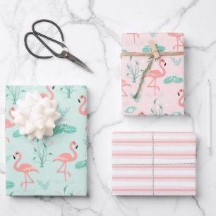 Roze Flamingo Stripes Blauwgroen Accent Al Occasio Inpakpapier Vel