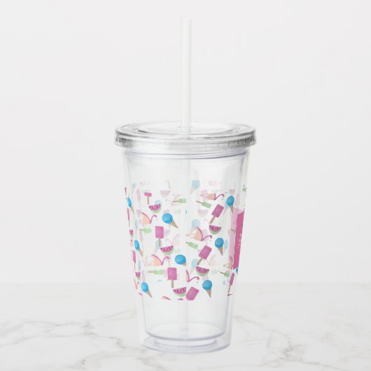 Roze Flamingo Summer Tropical Monogram Aangepast Acryl Drinkbeker (Rechts)