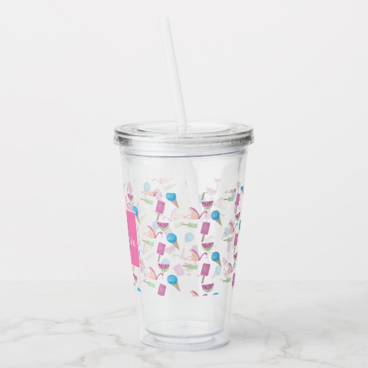 Roze Flamingo Summer Tropical Monogram Aangepast Acryl Drinkbeker (Links)