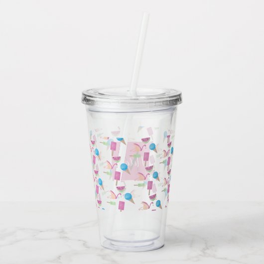 Roze Flamingo Summer Tropical Monogram Aangepast Acryl Drinkbeker (Achterkant)