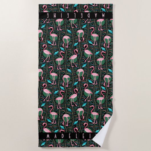 Roze Flamingo Tropical Art Deco Retro Black Custom Strandlaken (Voorkant)