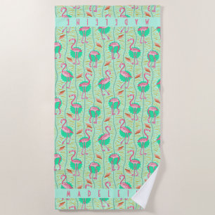 Roze Flamingo Tropical Art Deco Retro Green Custom Strandlaken