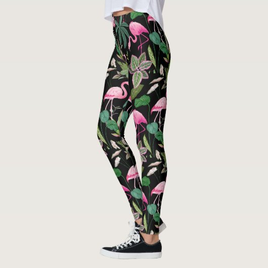Roze Flamingo Tropical Botanical Black Achtergrond Leggings (Links)