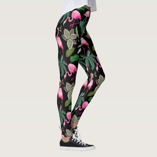 Roze Flamingo Tropical Botanical Black Achtergrond Leggings (Rechts)