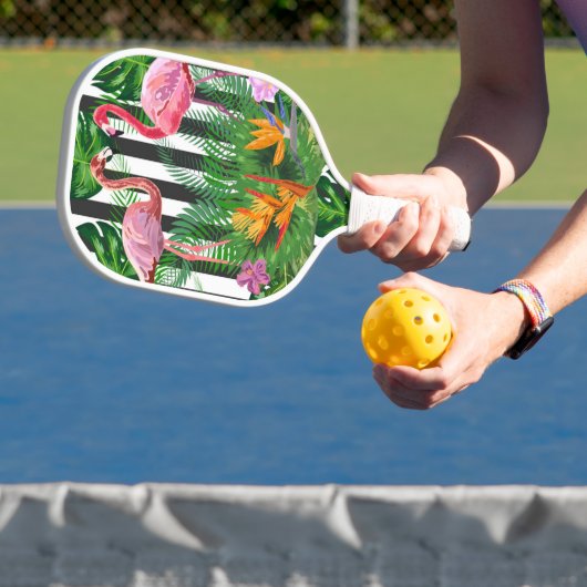 Roze Flamingo Tropical Flowers Black White Stripes Pickleball Paddle (Insitu)