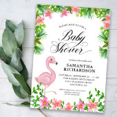Roze Flamingo Tropical Flowers Script Baby shower Kaart