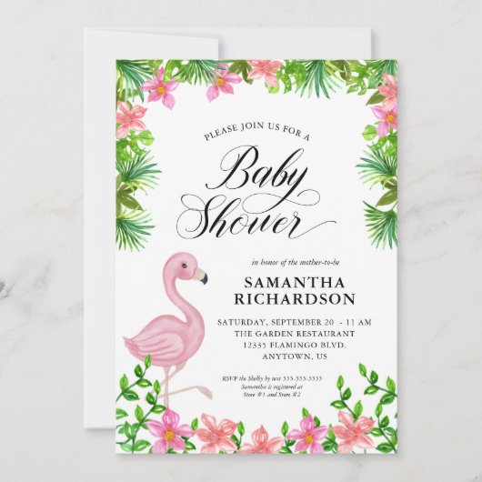 Roze Flamingo Tropical Flowers Script Baby shower Kaart (Voorkant)