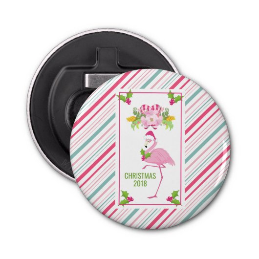 Roze Flamingo Tropical Kerstmis Button Flesopener (Voorkant)