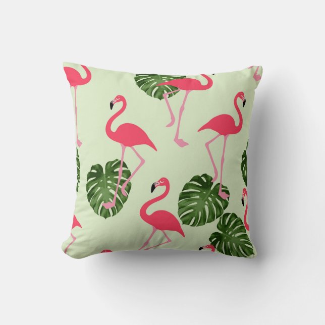Roze Flamingo Tropisch Groen Blad Kussen (Voorkant)