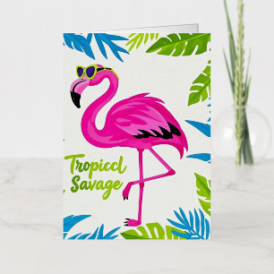 Roze flamingo Tropisch op één poot staand Folie Wenskaart