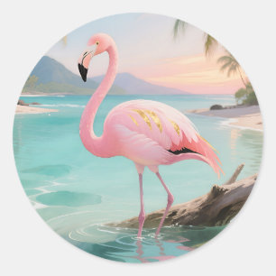Roze Flamingo Tropisch Paradijs Ronde Sticker